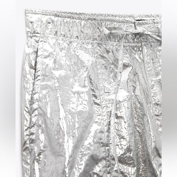 ZARA WOMAN MID RISE METALLIC PARACHUTE TROUSERS PANT SILVER 8338/405/070/015 - Picture 7 of 10